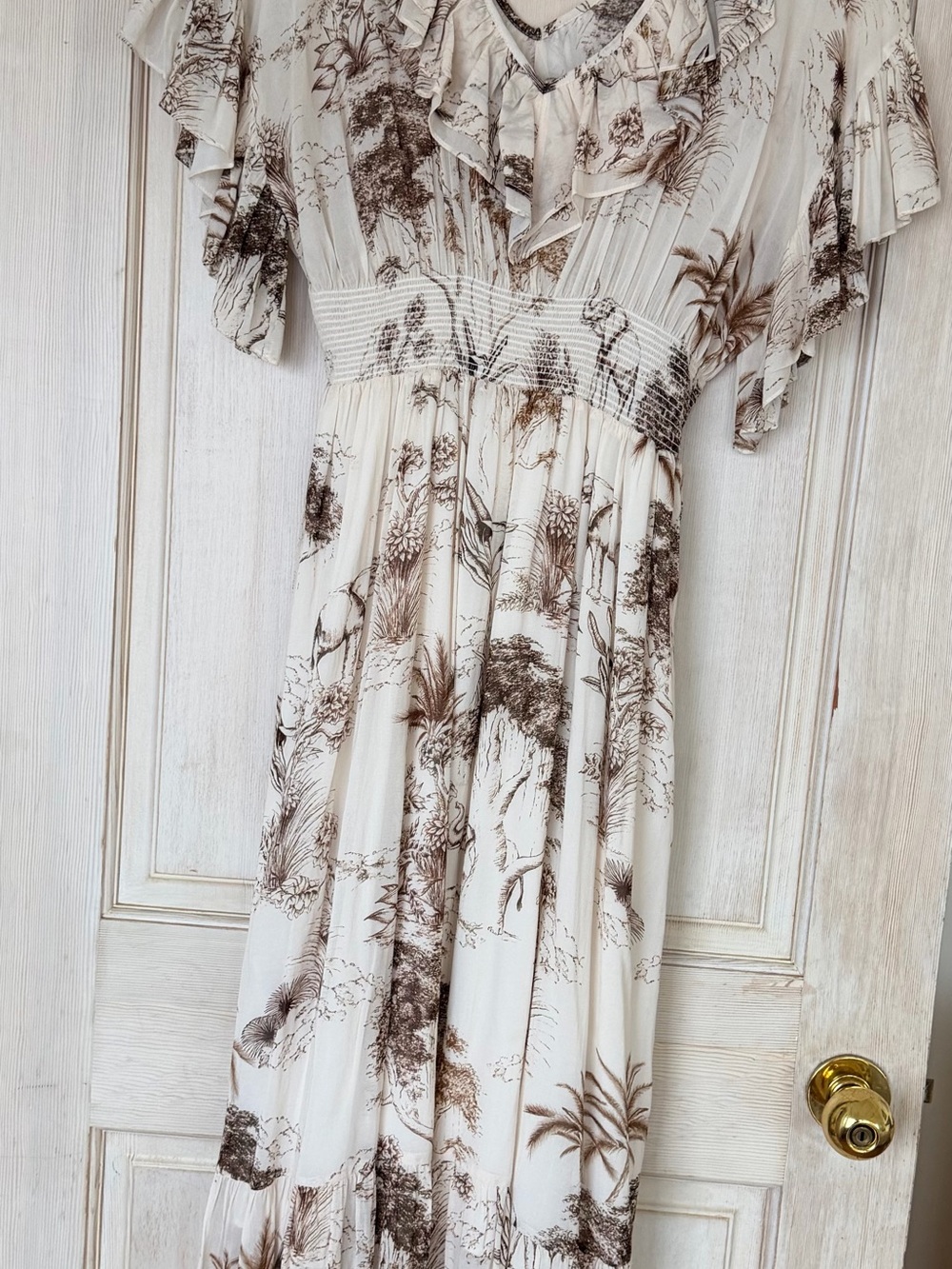 Sandro Cream Maxi Dress with Brown Scenic Print